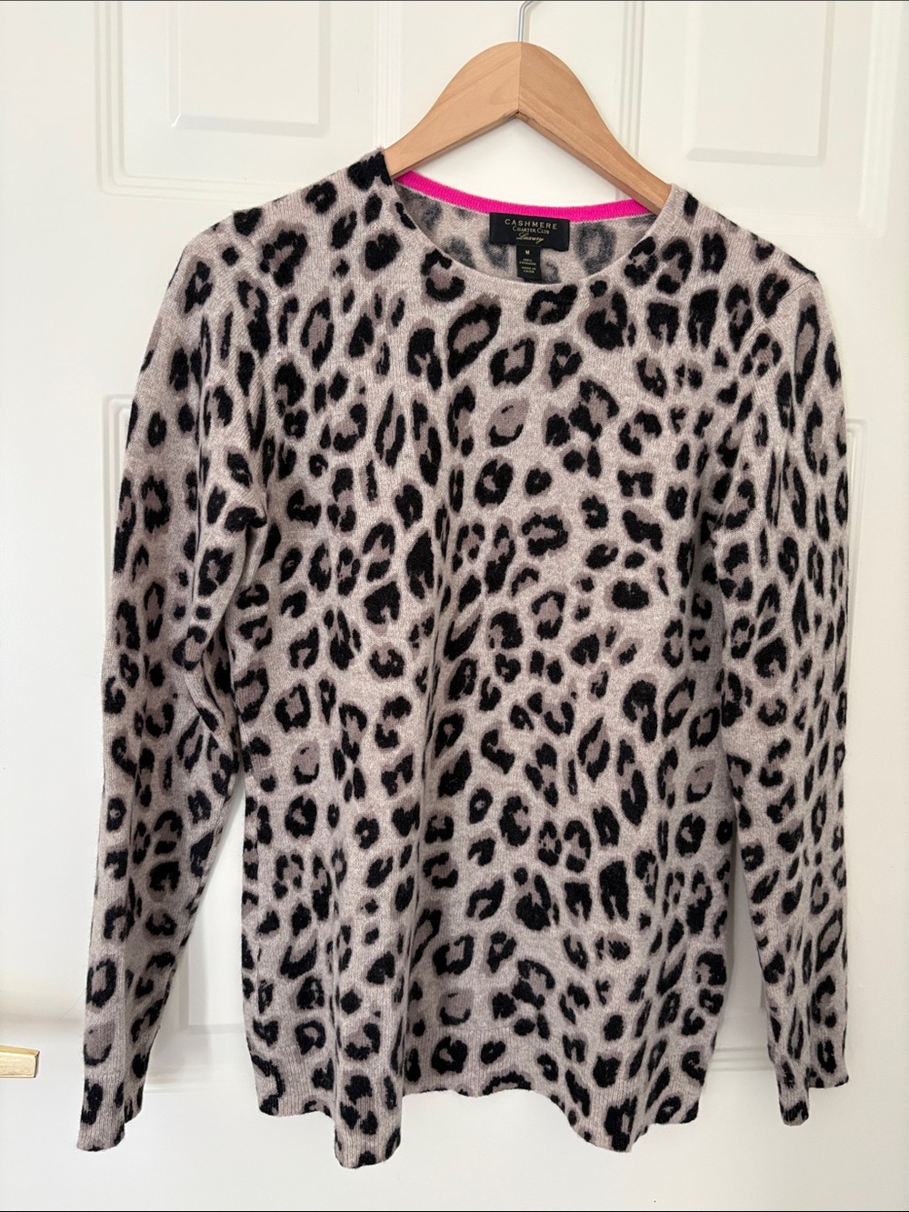Charter Club Taupe and Black Leopard Print Crewneck Sweater